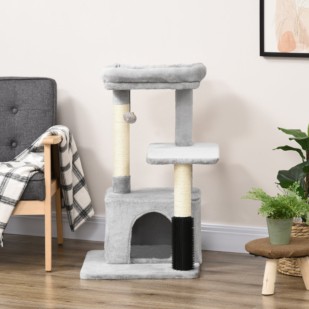 Cat Tree with Washable Bed, Litter Tray, Toys, Light Grey