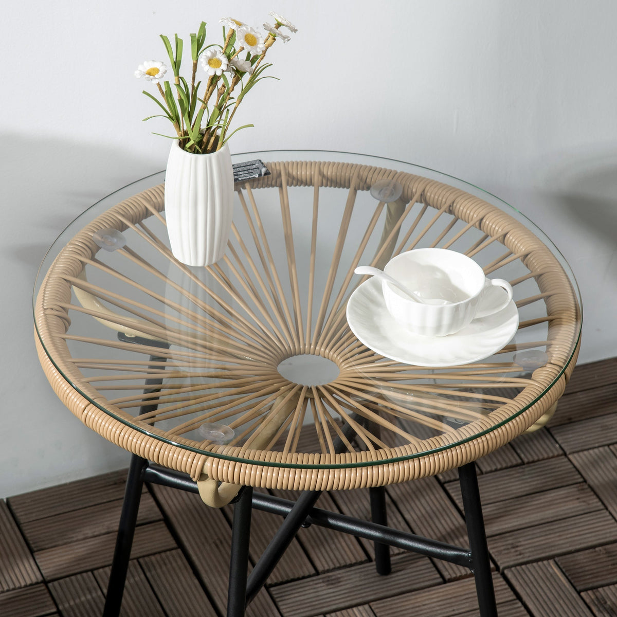 Bistro Table, Round Garden Side Table 50cm, Rattan Black+Beige
