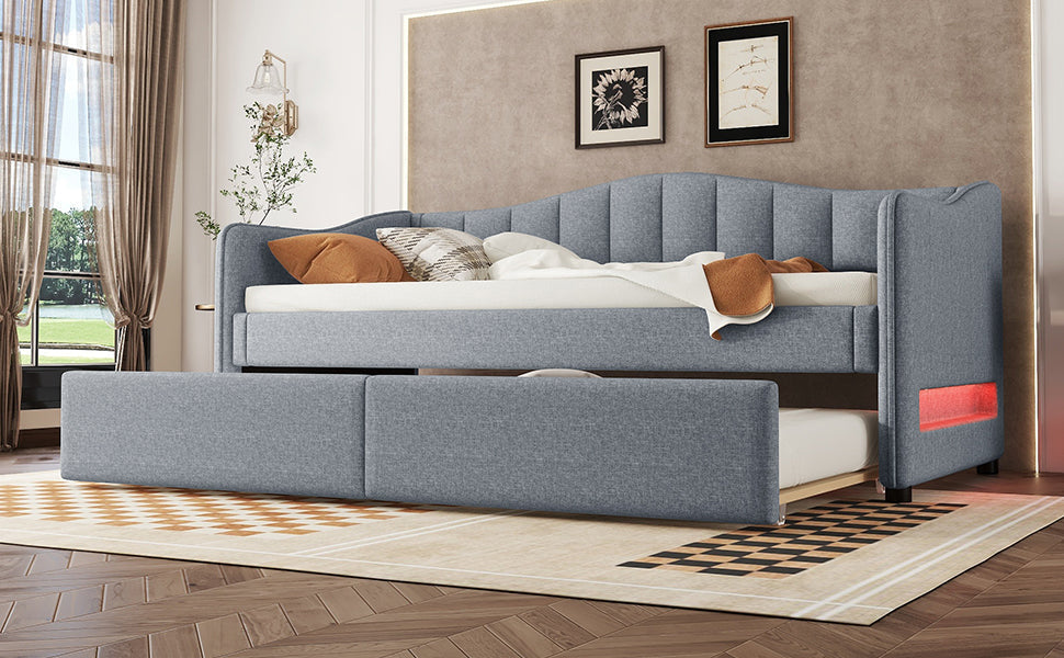 Daybed with Pull-out Bed and LED Ambient Lighting, 90x200cm, Grey Linen