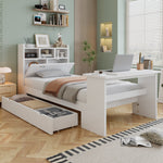 Children's Single Bed 90x200 with Storage Shelf in White Wood