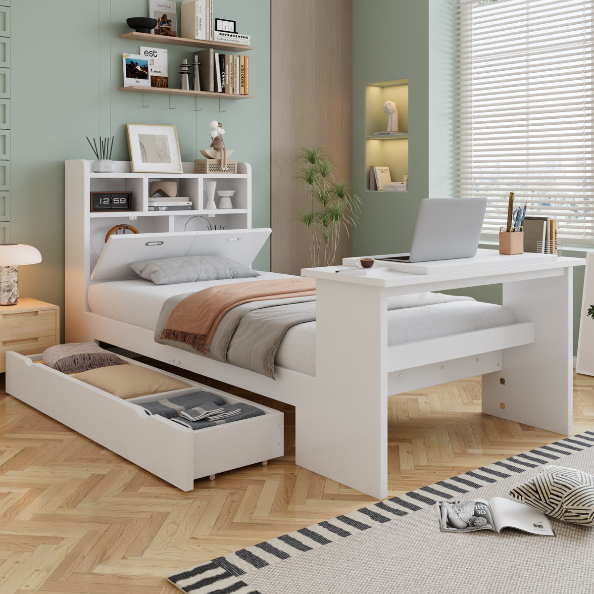 Children's Single Bed 90x200 with Storage Shelf in White Wood