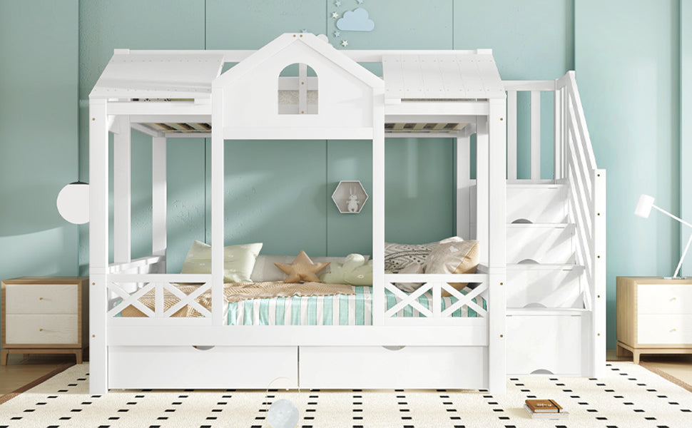 Bunk Bed with Windows Roof Stair Storage Drawers 90/140x200cm White Pine