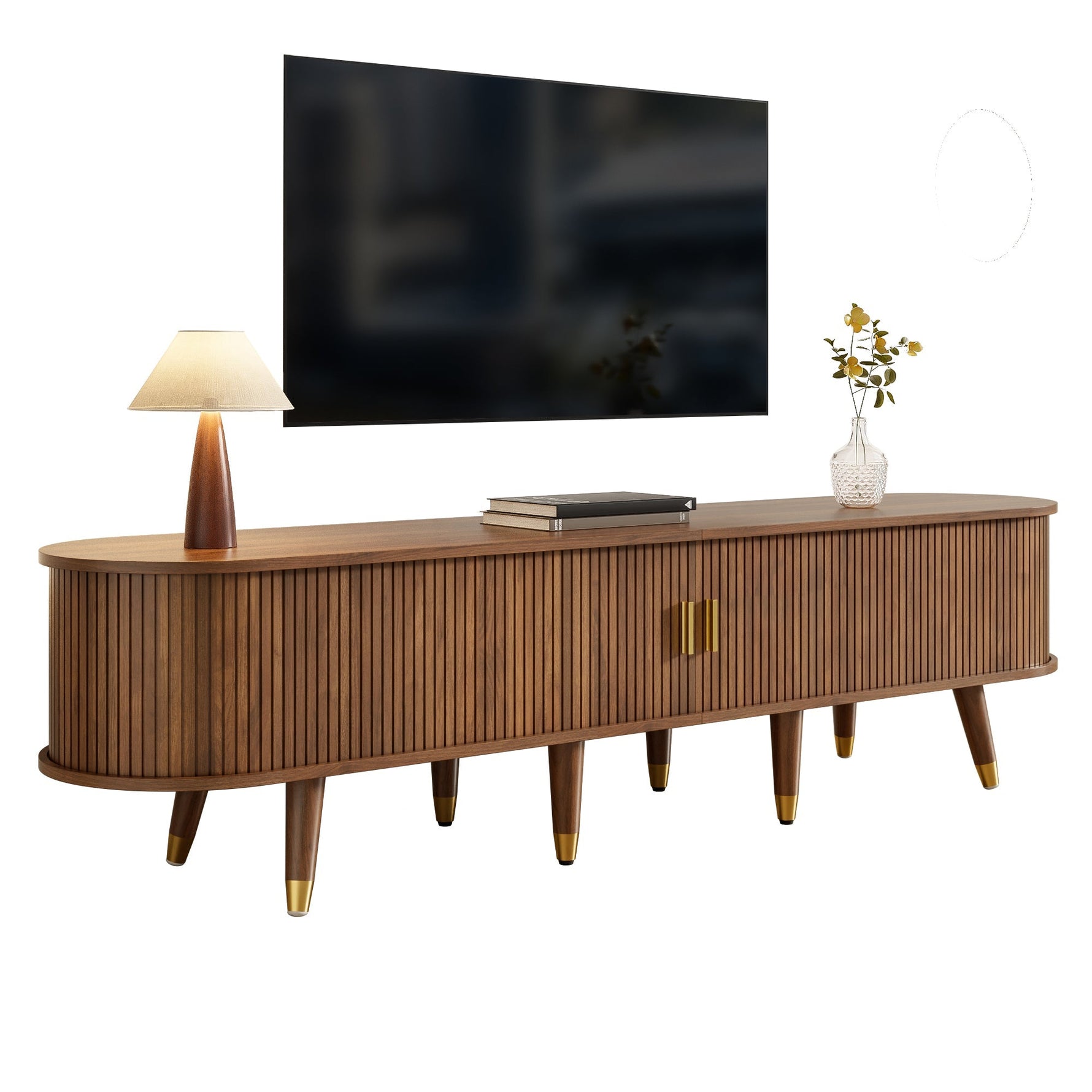 TV Cabinet 175cm Rattan Sliding Door Storage, Walnut Look/Natural Design