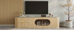 Modern Minimalist TV Cabinet with 3D Stripes and Glass Display, Wood Look and Grey Glass