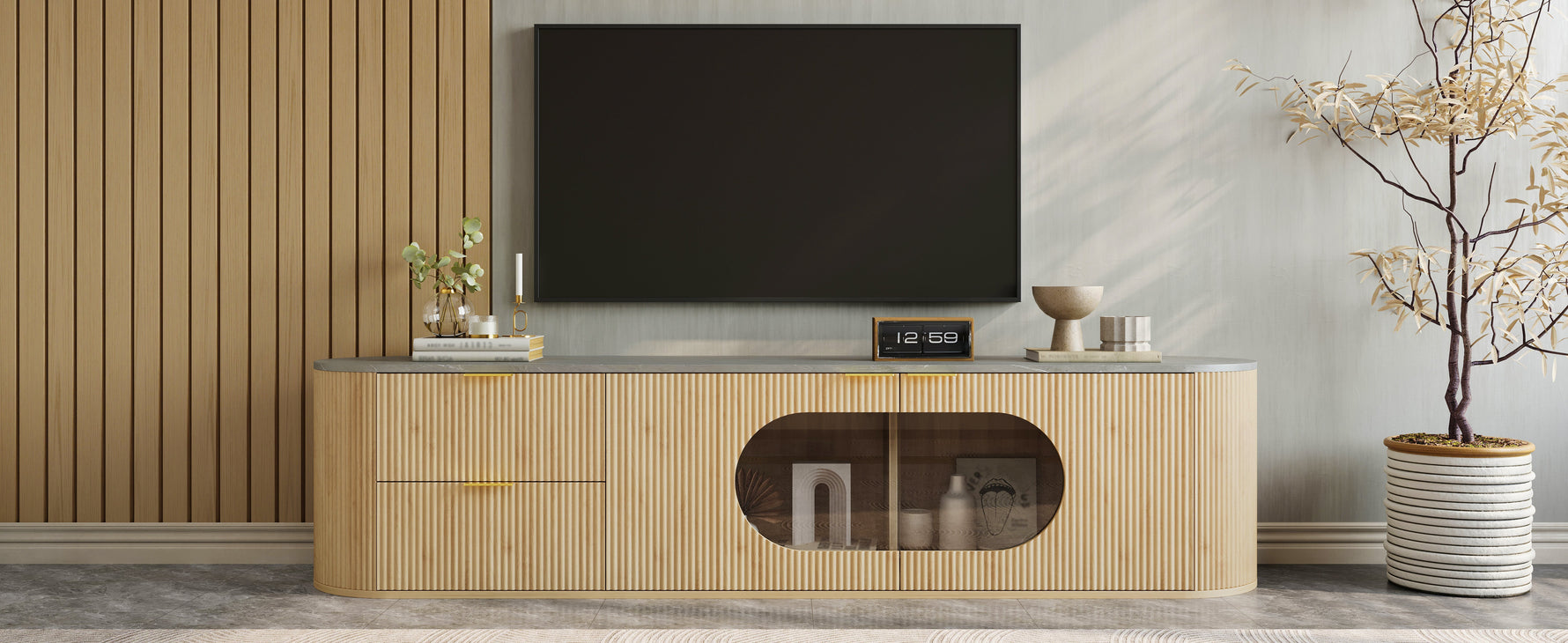 Modern Minimalist TV Cabinet with 3D Stripes and Glass Display, Wood Look and Grey Glass