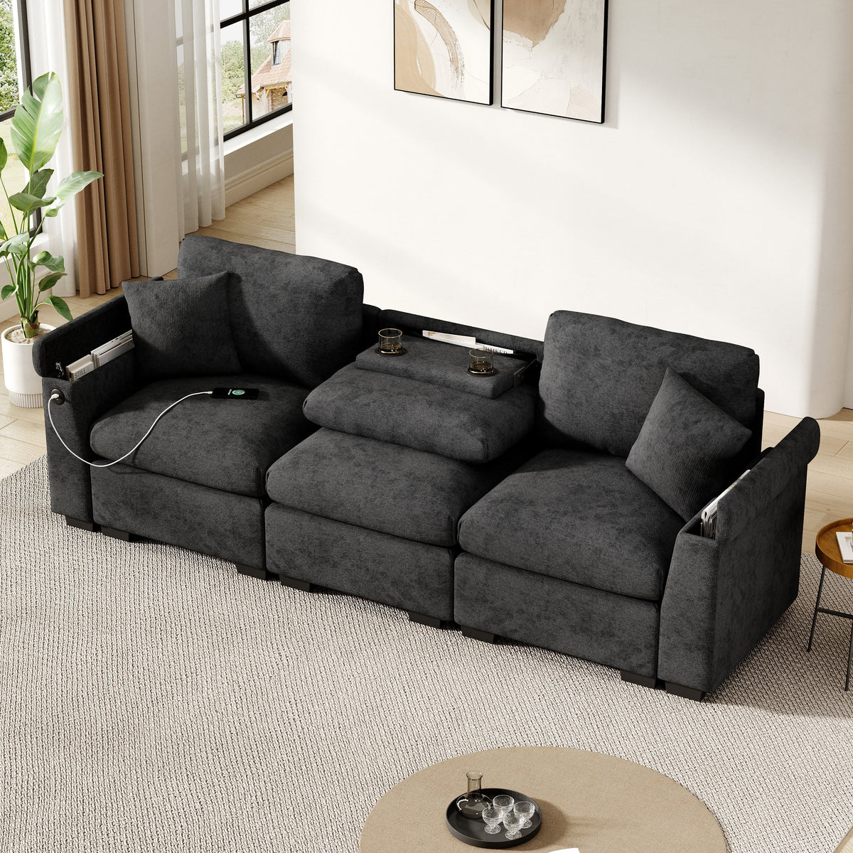 Three-Seater Sofa Multifunctional Folding Table USB Storage - Chenille