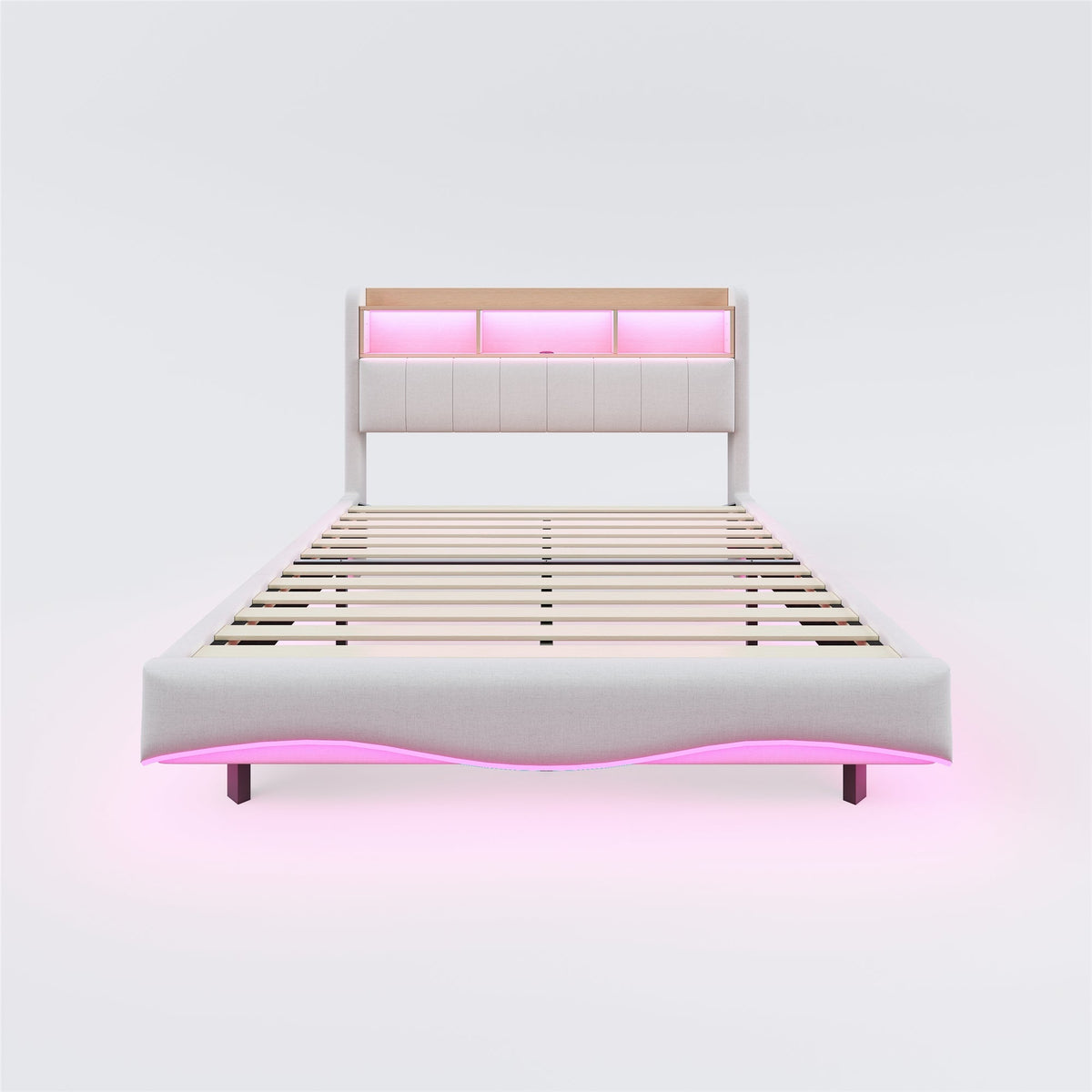 Upholstered Bed, 160*200, Multifunctional Storage, LED Light, USB and Type-C Interface, Beige Linen Fabric