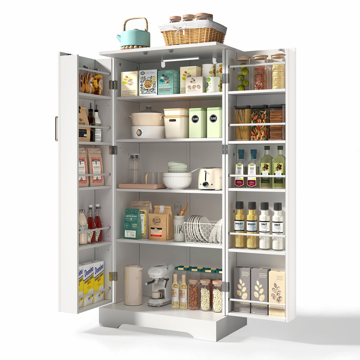 Multifunctional Kitchen Cabinet with LED Sensor Light and Adjustable Shelves, White