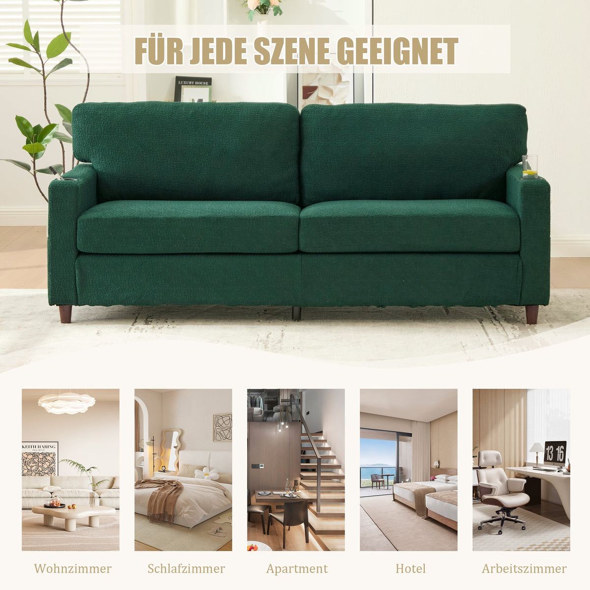 2-Seater Sofa Modern USB-C LED Cup Holders Side Pockets - Emerald Chenille