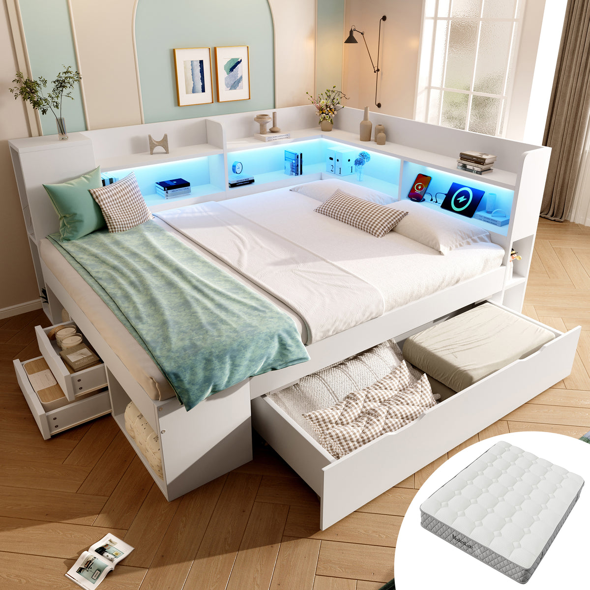Functional Daybed 140x200cm with LED Light & Storage Drawers, White