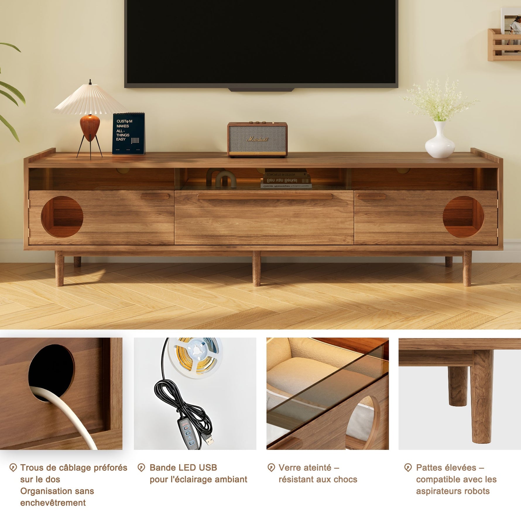 Modern TV Cabinet LED Lighting Cat Rest Area Glass Doors 1 Drawer, Walnut Color