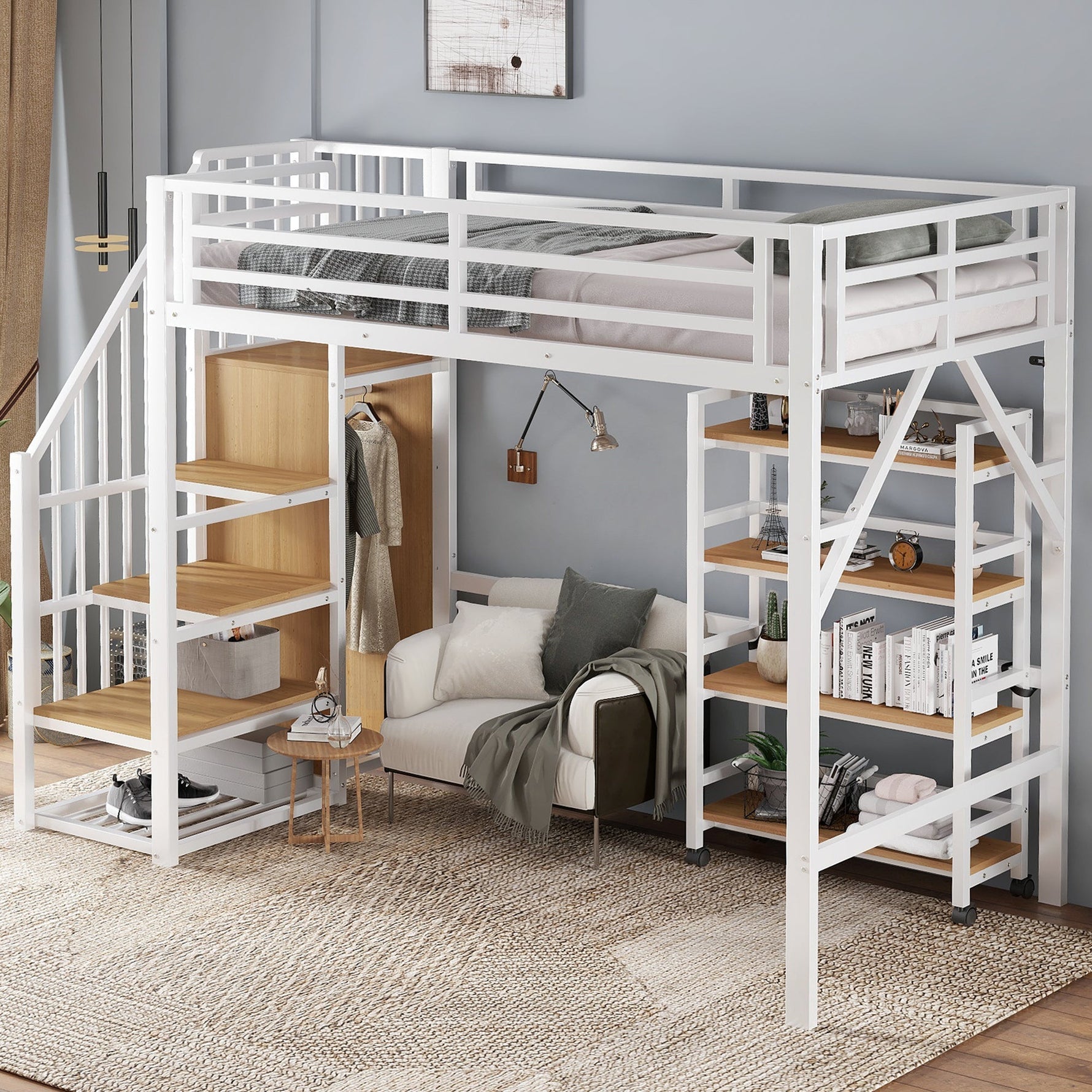 Loft Bed with Shelf, Wardrobe, Safety Railing, Iron + MDF, White/Natural 90x200cm
