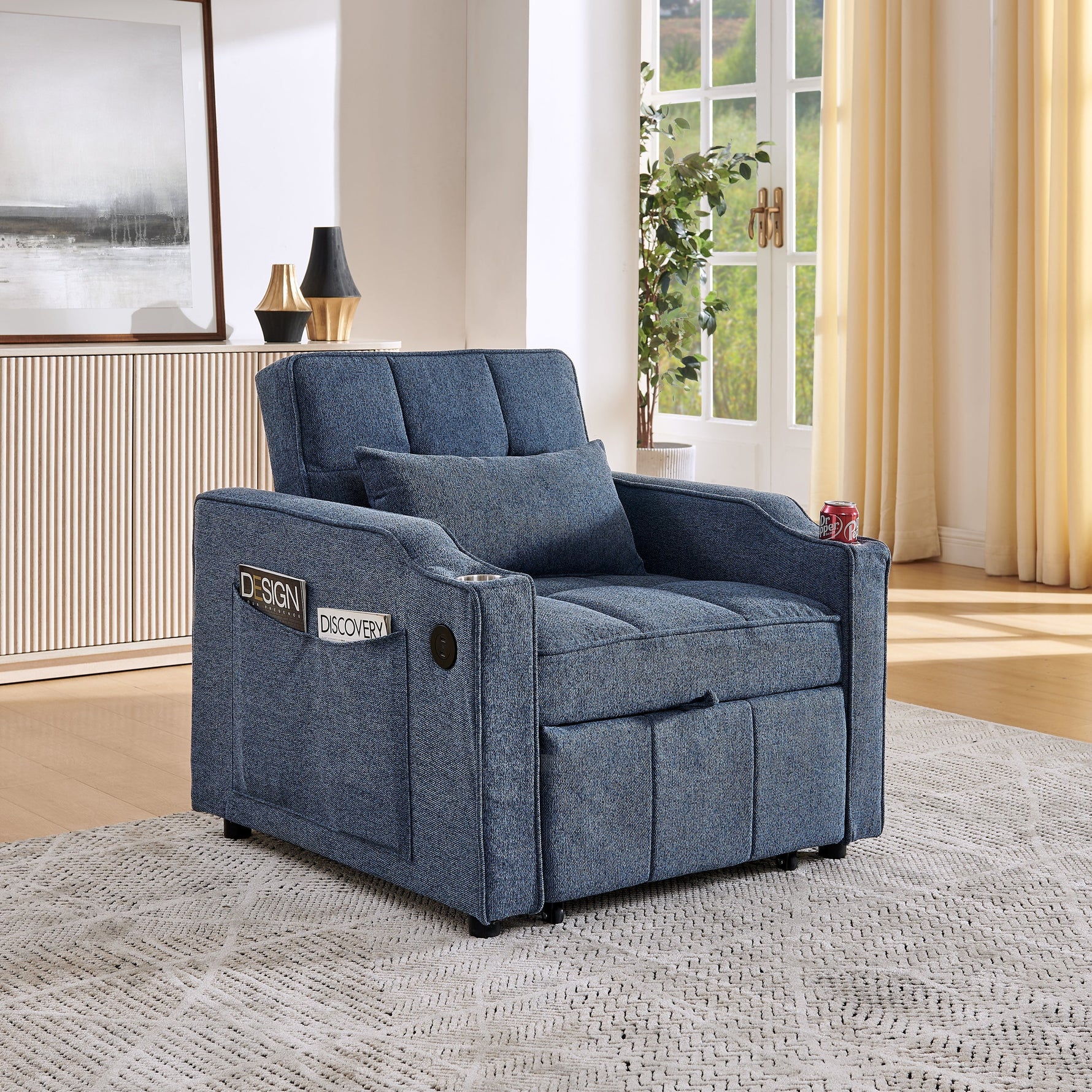 3-in-1 Sofa Bed with Slide-to-Transform Design and USB Charging, Navy Blue