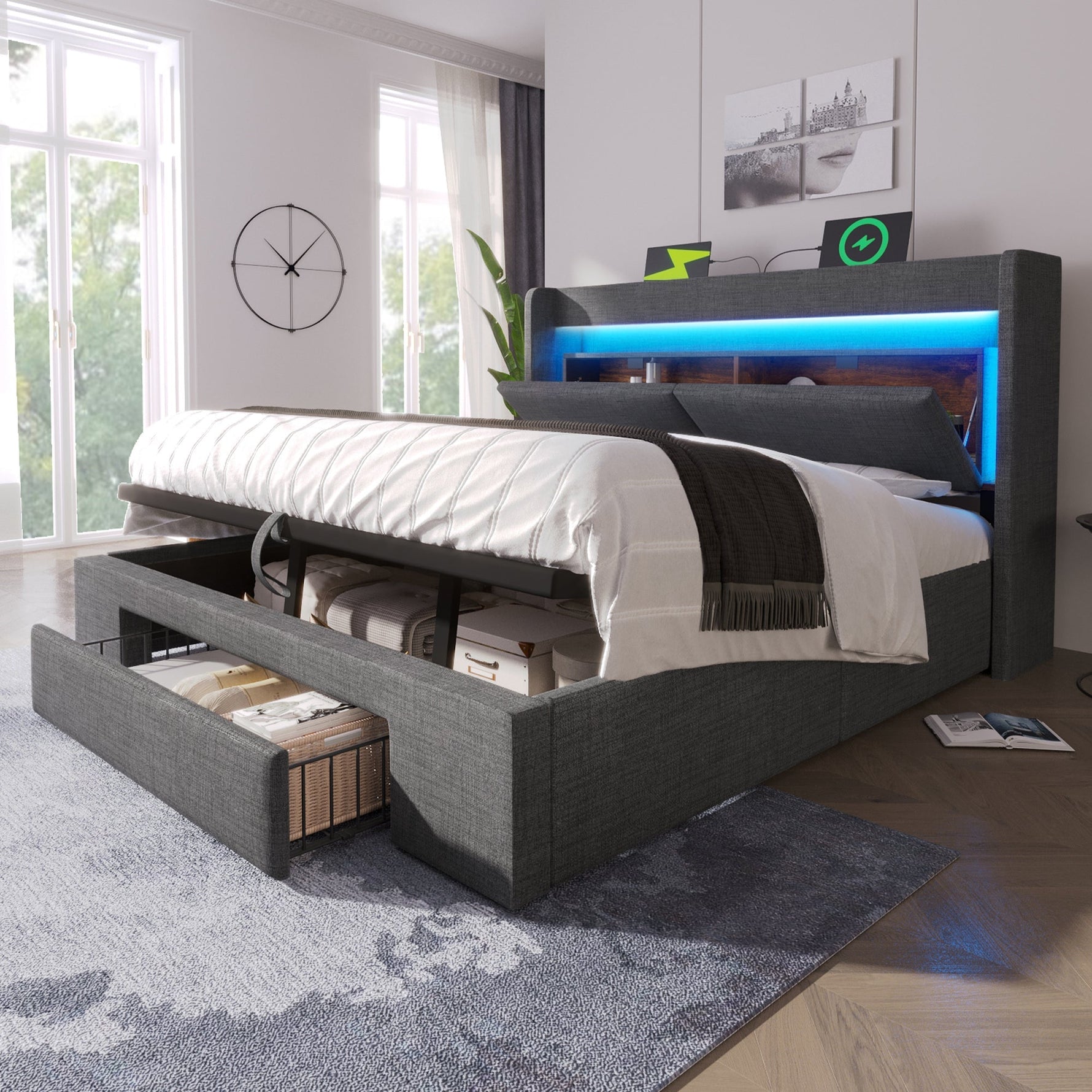 Upholstered Bed 140x200cm Hydraulic Storage Headboard LED USB/USB-C Linen Grey