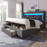 Upholstered Bed 140x200cm Hydraulic Storage Headboard LED USB/USB-C with Mattress - Grey Linen