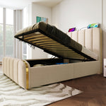 Upholstered Single Bed, USB-C Charging, Hydraulic Storage, Beige Linen