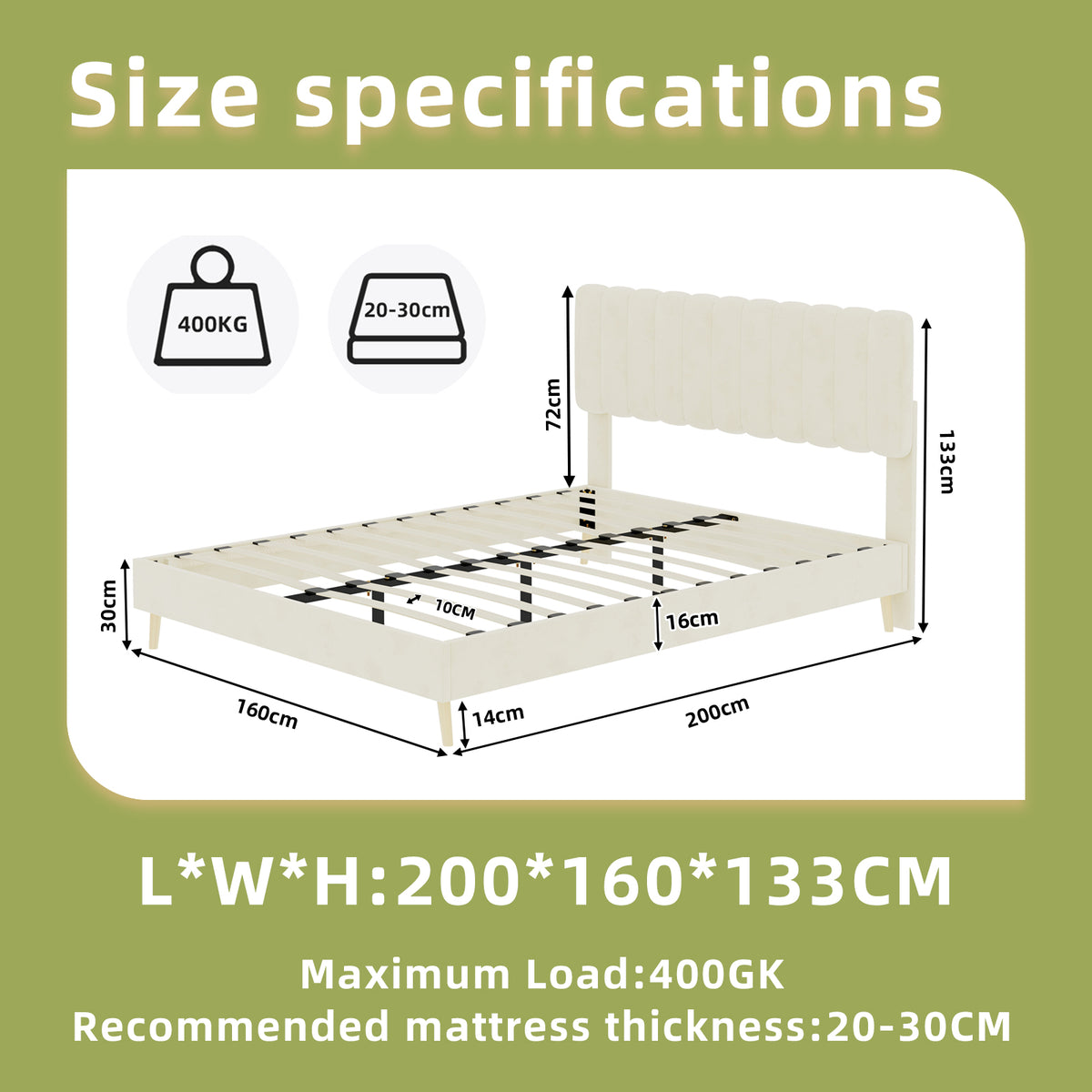Upholstered Bed 160x200cm with Soft Headboard & Mattress, Beige