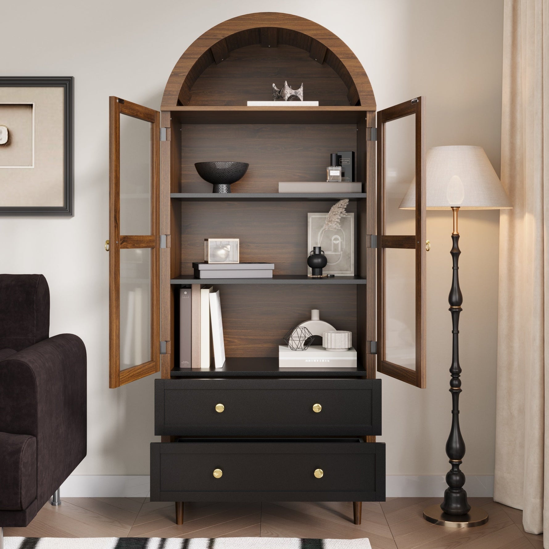 Retro Storage Cabinet with Adjustable Shelves and Curved Glass, Luxurious Sideboard