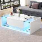 Coffee Table, 1 Drawer LED Light Tempered Glass, White High-Gloss