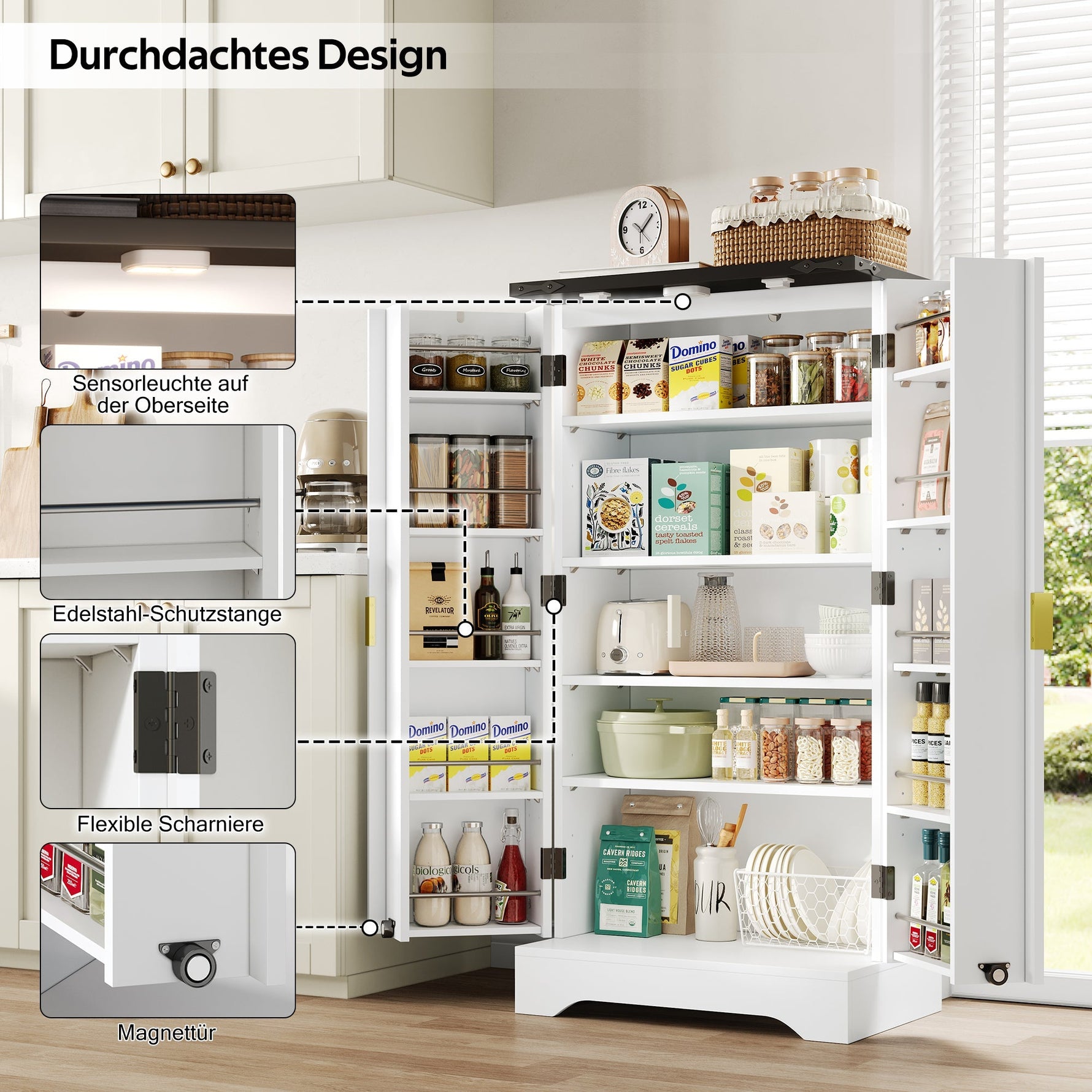 Kitchen Cabinet with LED Light, Spice Rack, Adjustable Shelves, Double Doors - White