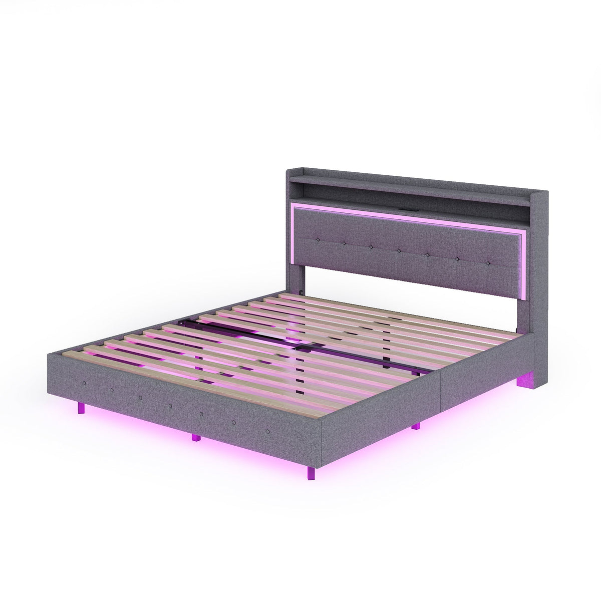 Upholstered Bed 140x200, USB & LED Light, Linen Fabric Gray