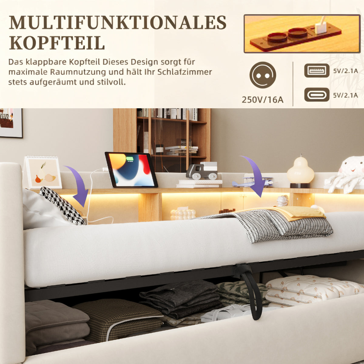 Upholstered Sleeper Sofa 90x190cm with Storage & LED, Beige