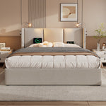 Upholstered Double Bed, 140x200 Storage USB Reading Light, Linen Material