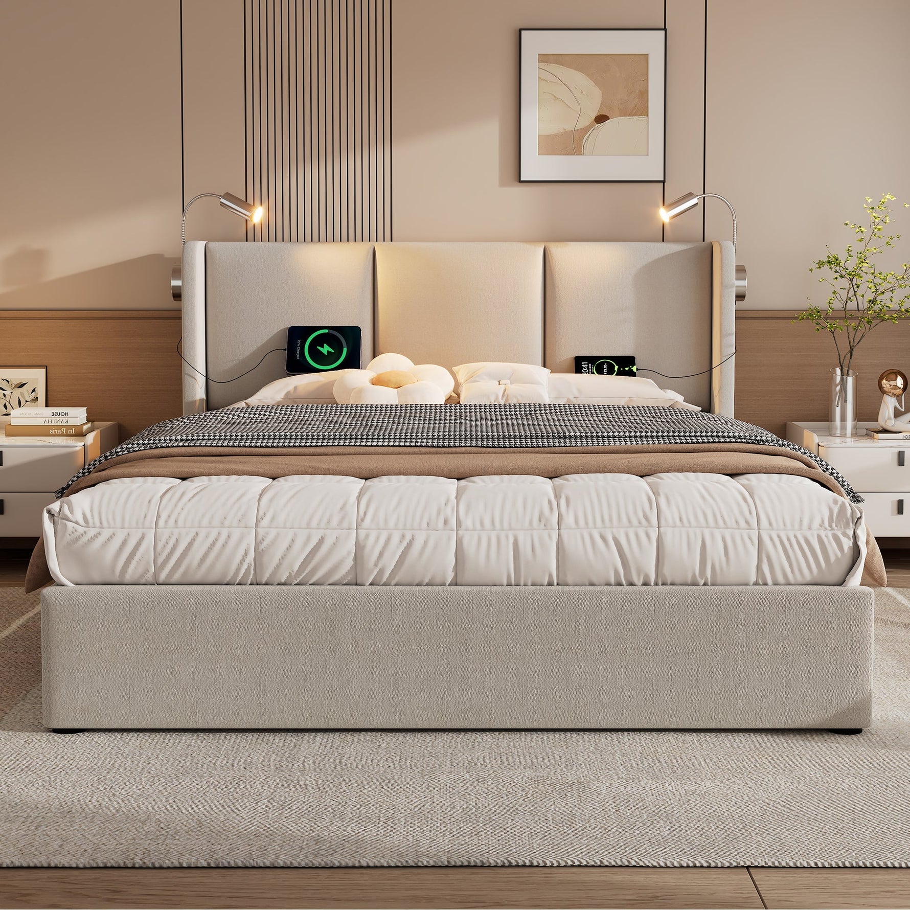 Upholstered Double Bed, 140x200 Storage USB Reading Light, Linen Material