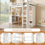 Loft Bed 90x200 cm with Desk, Wardrobe & Storage Shelves, White