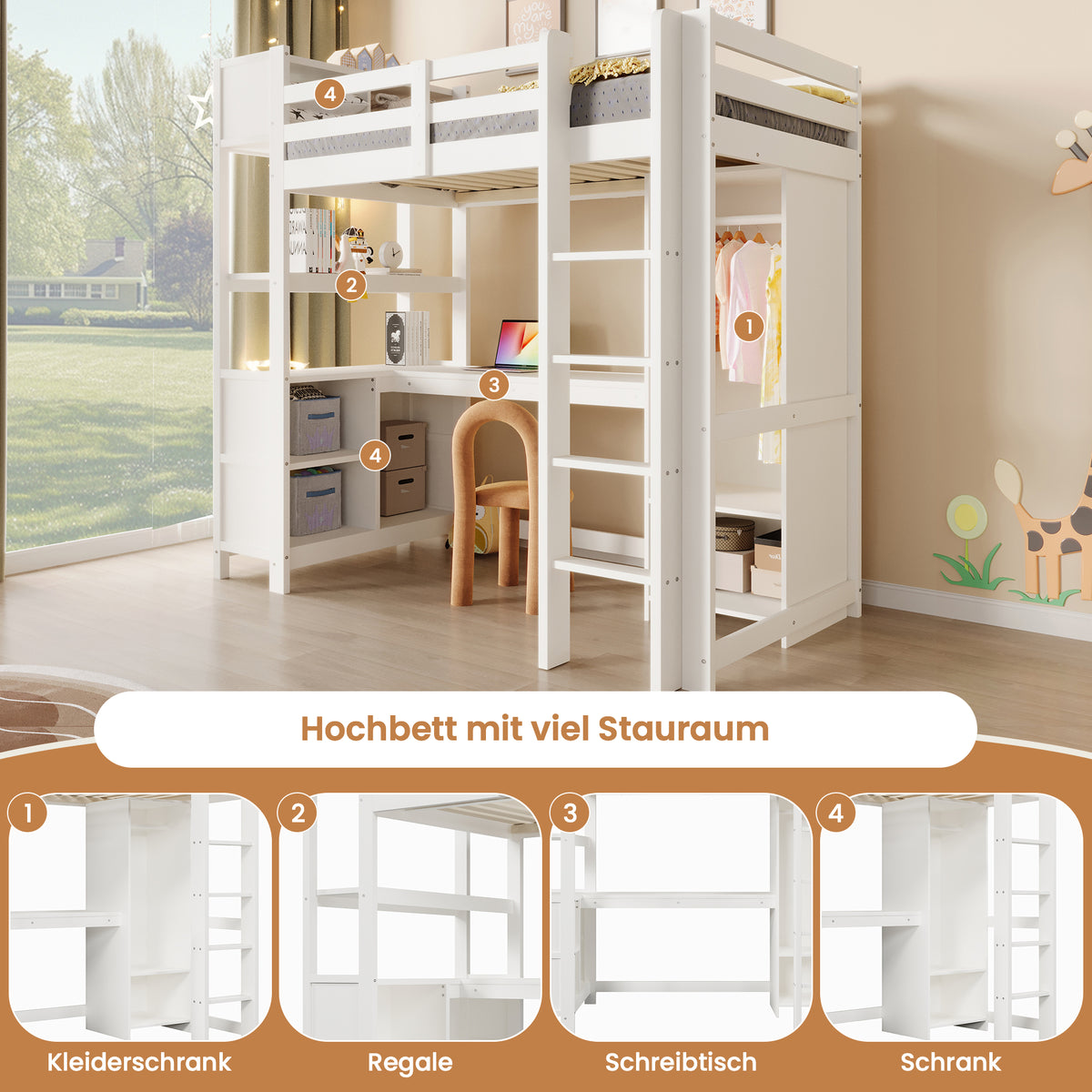 Loft Bed 90x200 cm with Desk, Wardrobe & Storage Shelves, White