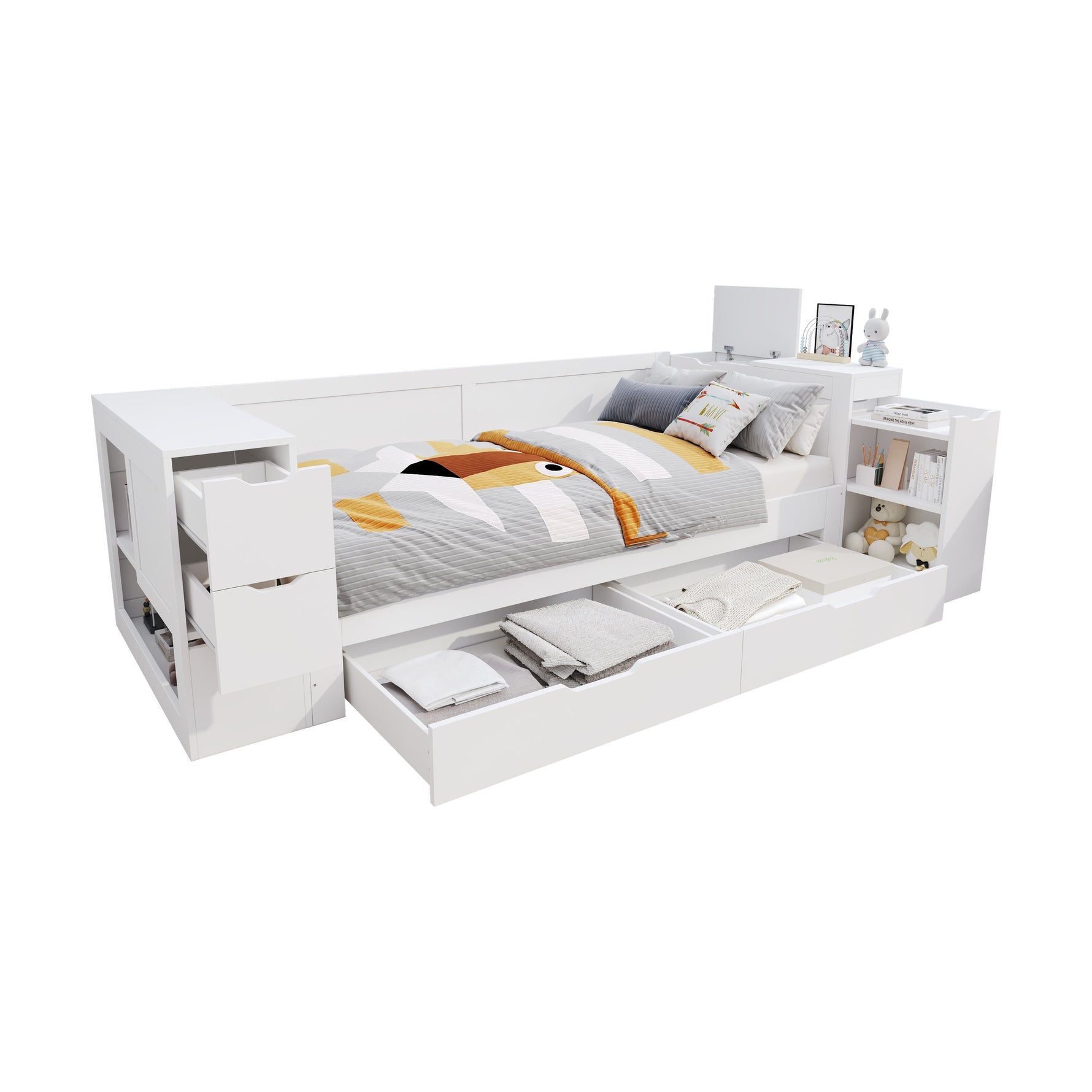Children's Daybed 90x200cm Multifunctional Single Bed with Storage Drawers Shelves and Bedside Table White