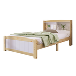 Wooden bed with white bedding and green blanket on a white background
