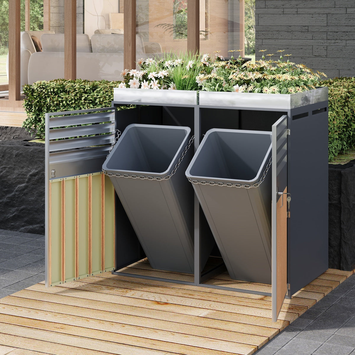 Garbage Can Enclosure with Ventilated Storage, Lockable Double Doors and Planting Area, Galvanized Steel
