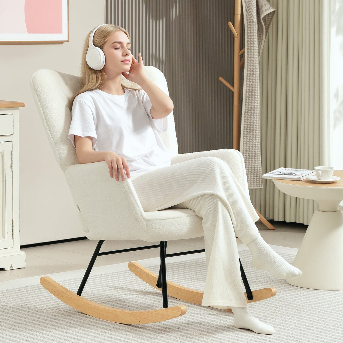 Rocking Chair, Upholstered, Wooden Base, White