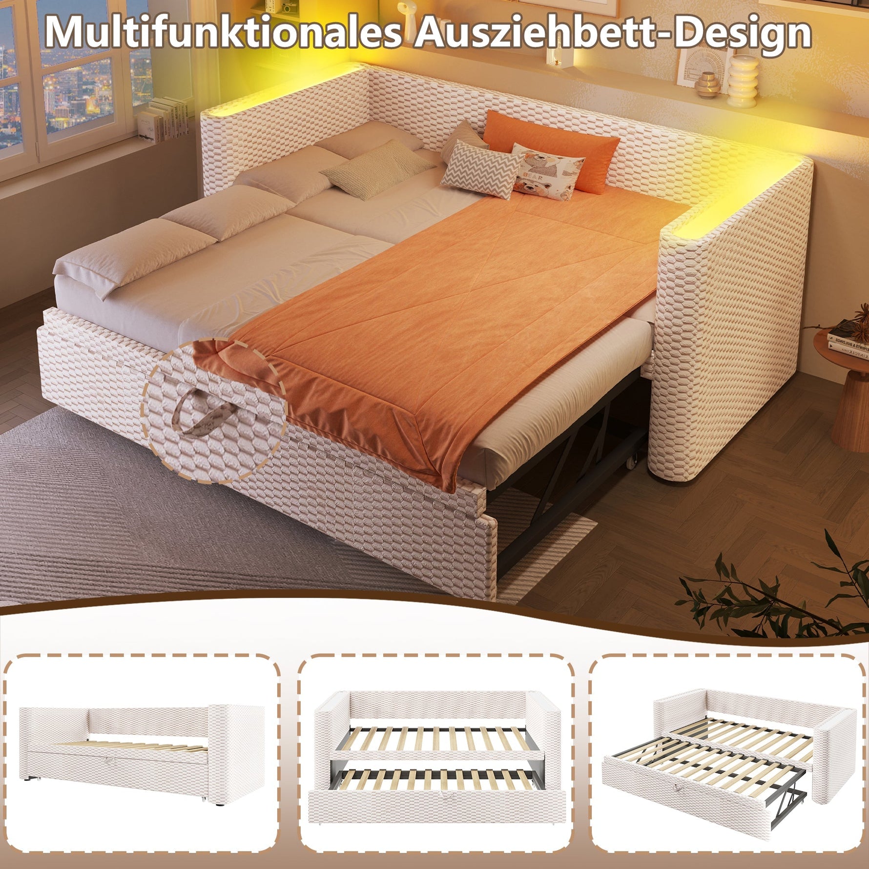 Daybed Sofa Bed 90/180x200cm Pull-out Bed Multifunctional LED Light - Velvet Beige
