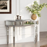 Half-Moon Mirrored Console Table with Fluted Glass and Crystal Knob Drawer, Grey and Silver