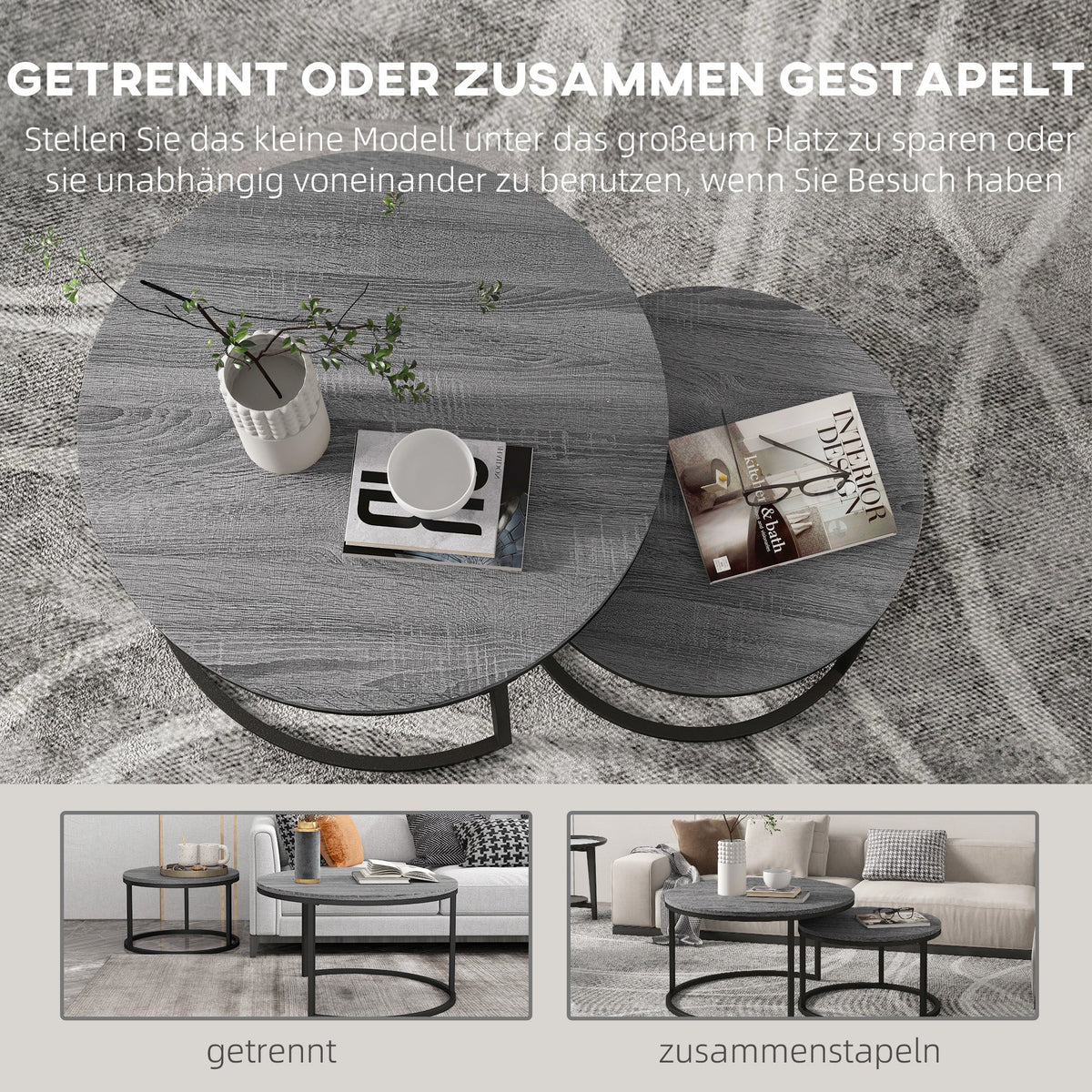 Round Coffee Table, Set of 2 Stackable Side Tables, Wood Look & Metal, Black