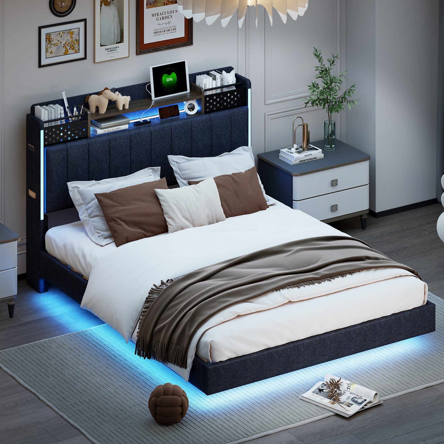 Upholstered Bed, 140x200, LED & USB, Storage Headboard, Floating Design, Grey Linen