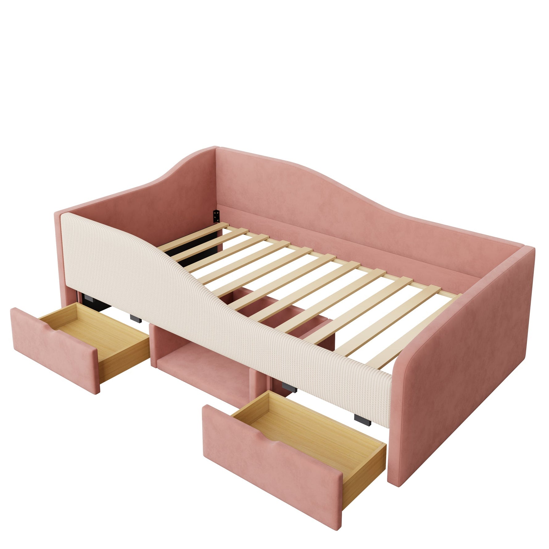 Upholstered Sofa Bed 90x190cm Multifunctional with Two Drawers and Railings Pink/Cream Velvet