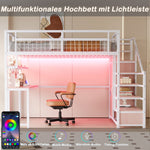 Metal Loft Bed with Storage Ladder, Wardrobe, Table and LED, 140x200cm, White Metal