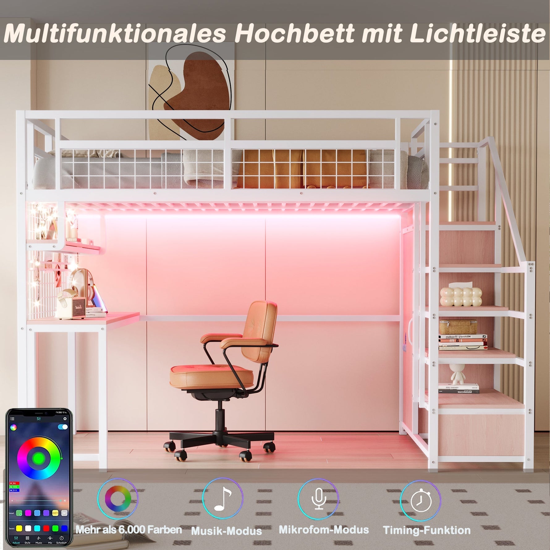 Metal Loft Bed with Storage Ladder, Wardrobe, Table and LED, 140x200cm, White Metal