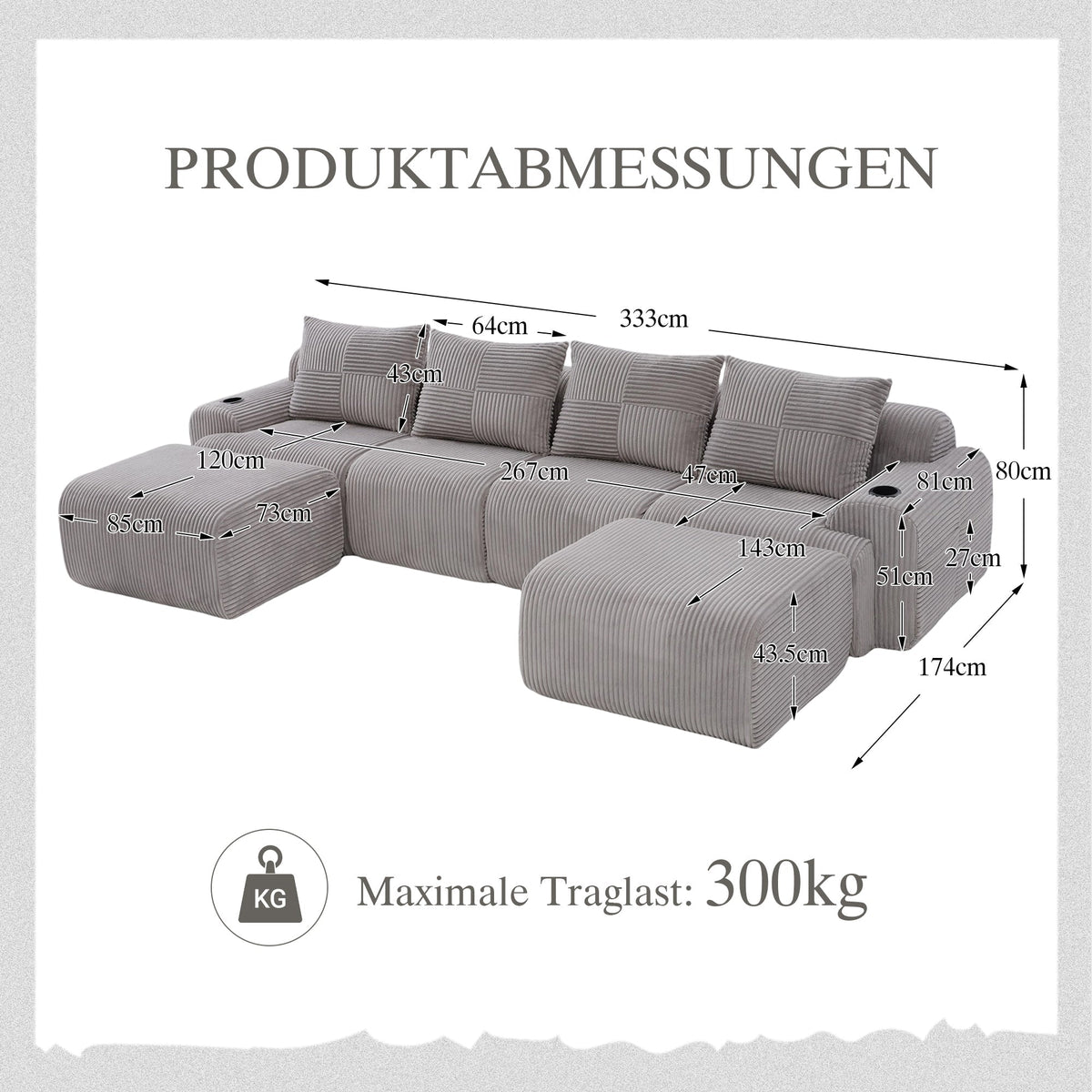 Modular Sofa - 4 Seater 2 Ottomans Cup Holders Storage Corduroy - Light Grey