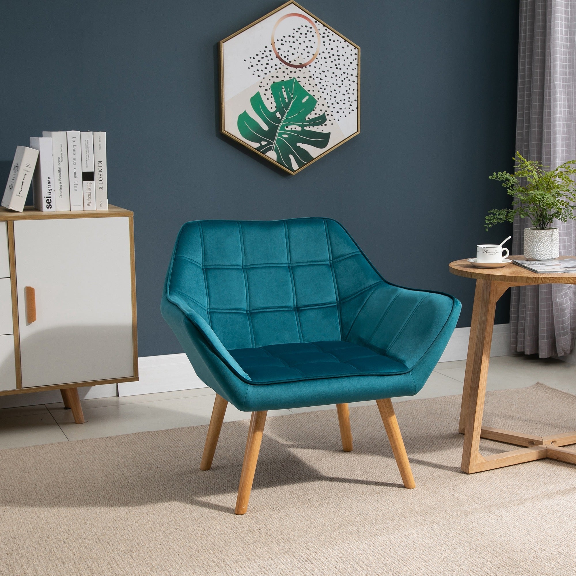 Armchair Wingback Recliner Raised Legs Scandinavian, Light Blue Velvet