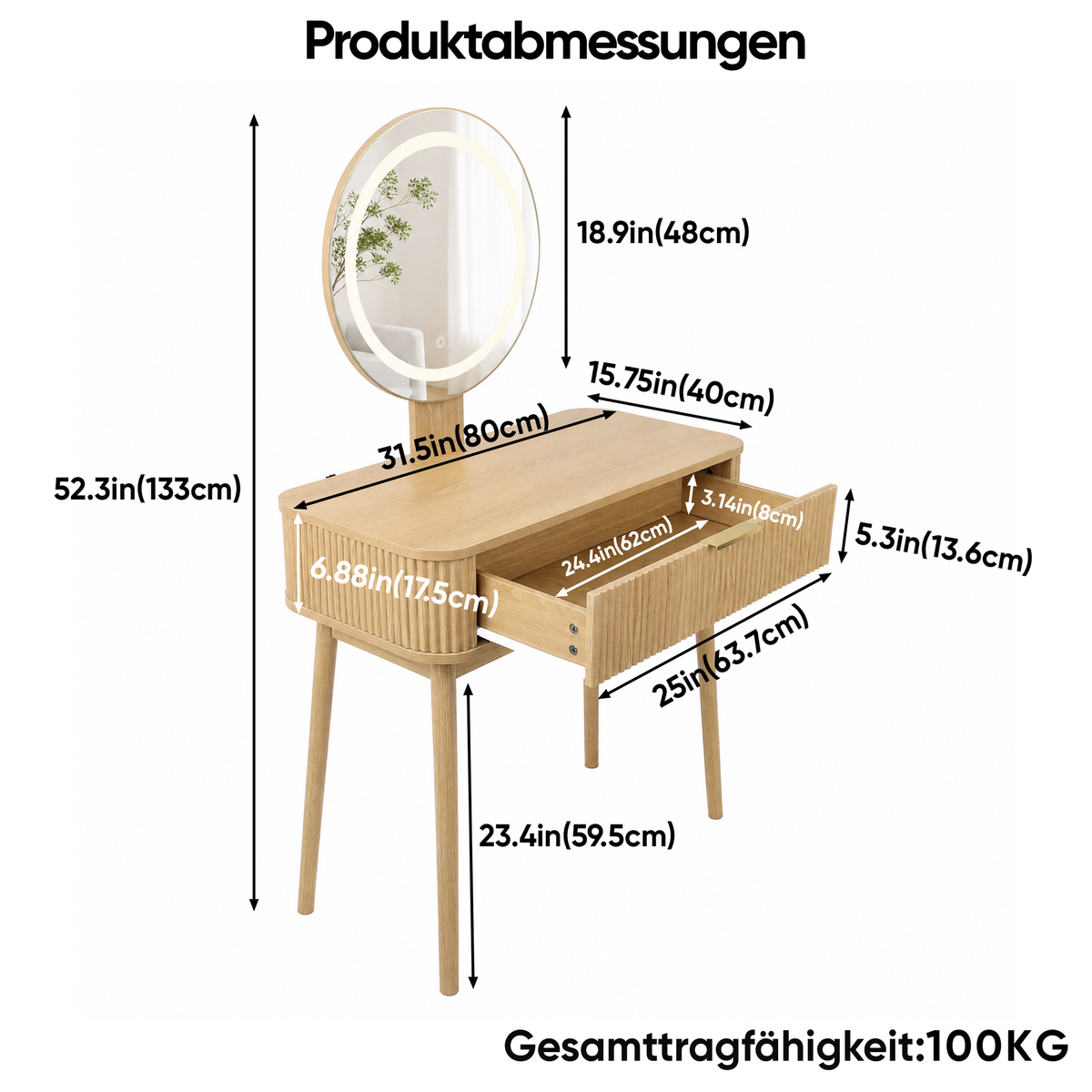 Dressing Table with LED Mirror & Drawers, 80x40x133 cm, Oak