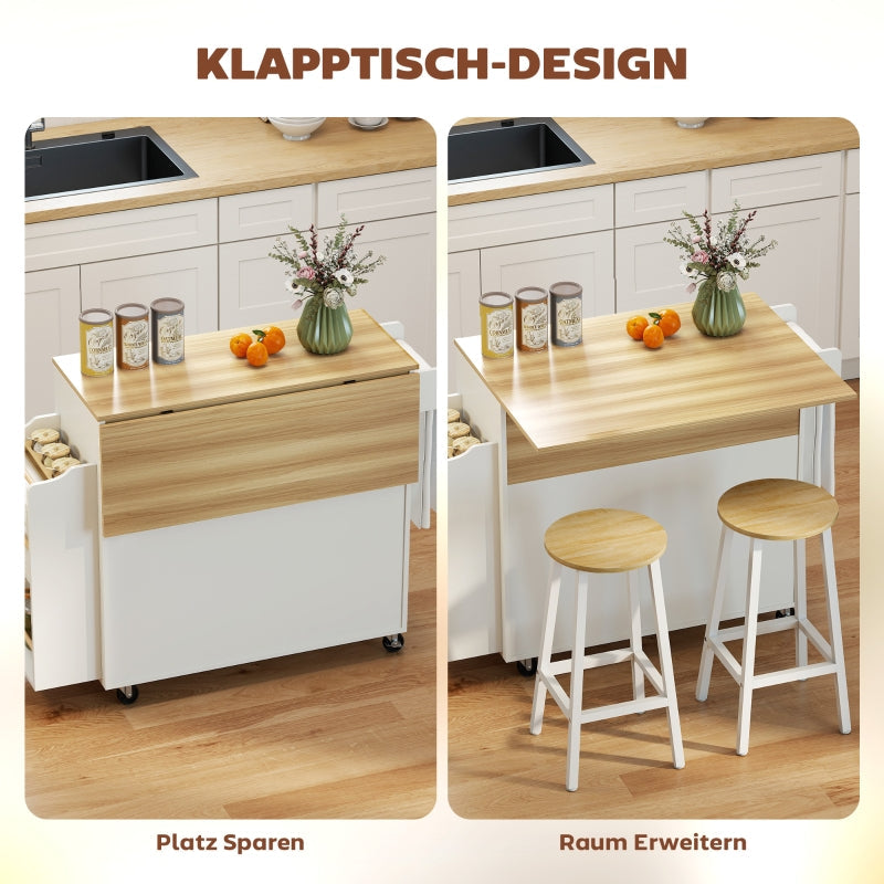 Kitchen Island Mobile Folding Worktop Drawer Shelf - White