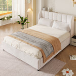 Upholstered Platform Bed 140x200cm with Slatted Base, Velvet Beige