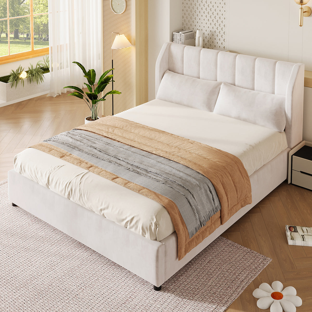 Upholstered Platform Bed 140x200cm with Slatted Base, Velvet Beige