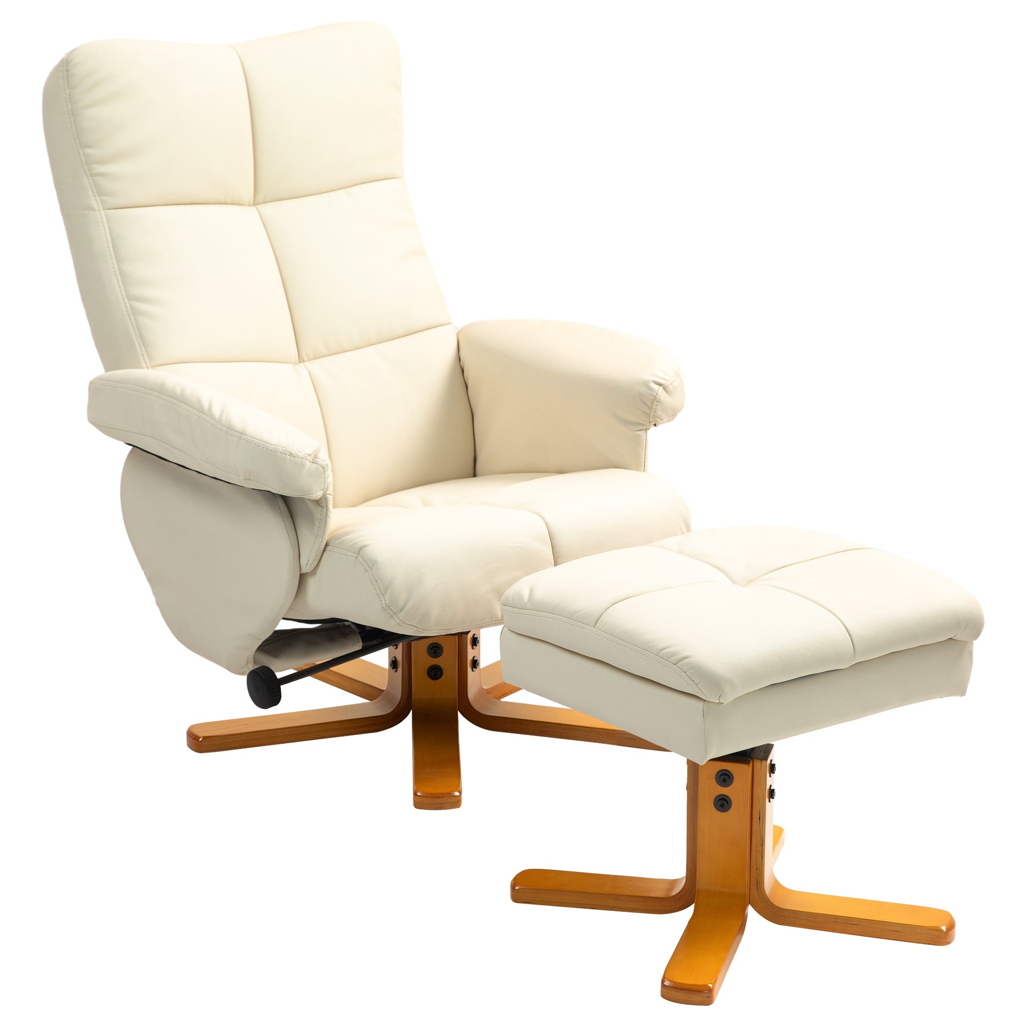 Recliner Chair with Footstool, Storage, Reclining, Swivel, Faux Leather, Cream White