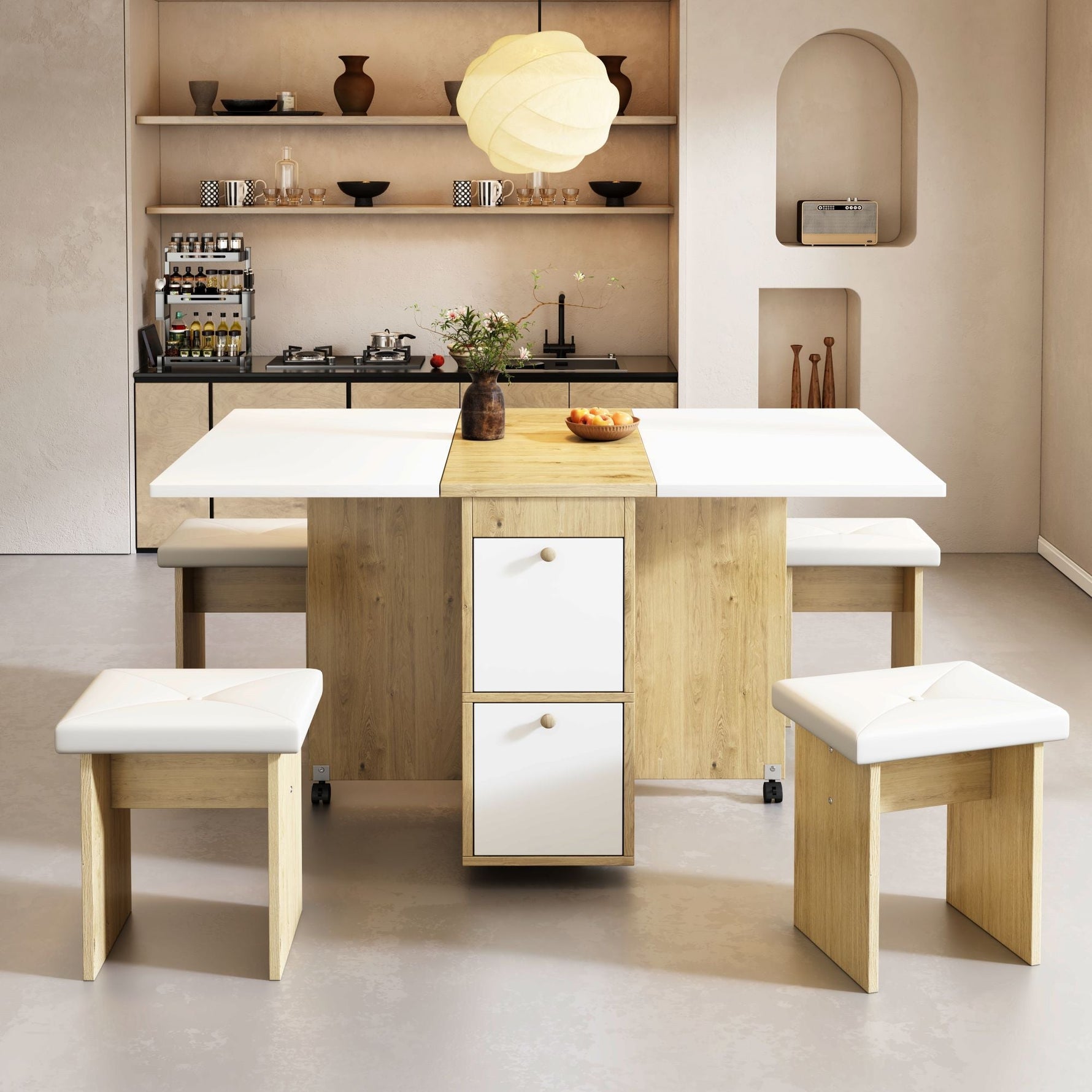 Dining Table Set Extendable Folding Multifunctional 4 Chairs White + Oak