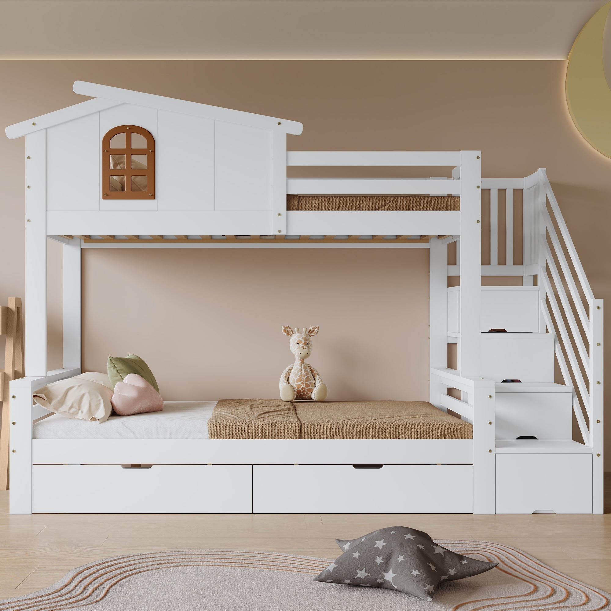 Bunk Bed, Two Drawers, Corner Ladder, Pine + MDF + Plywood, White + Natural
